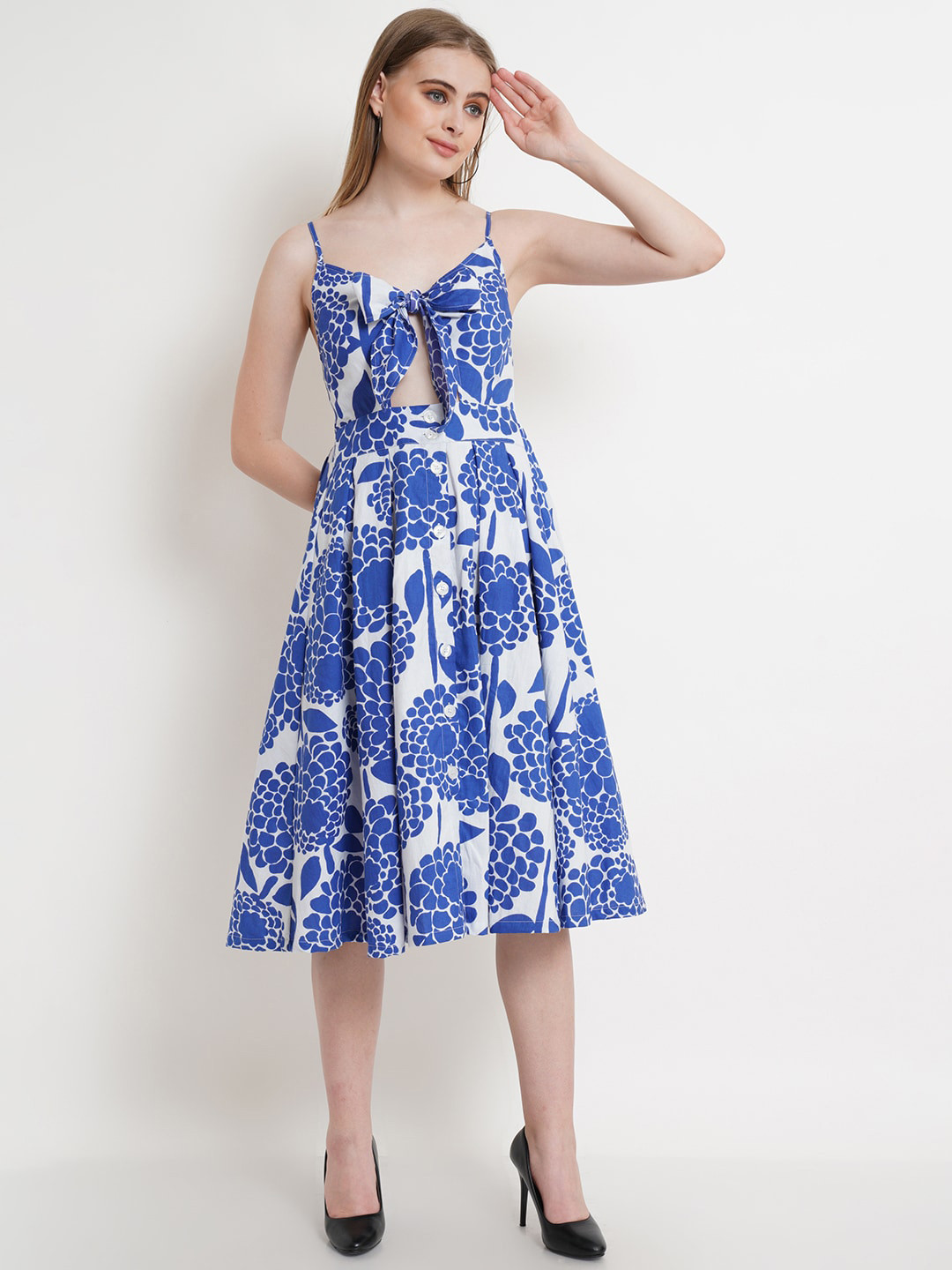 

Purple State Blue & White Floral Cut-Out Cotton Fit & Flare Midi Dress