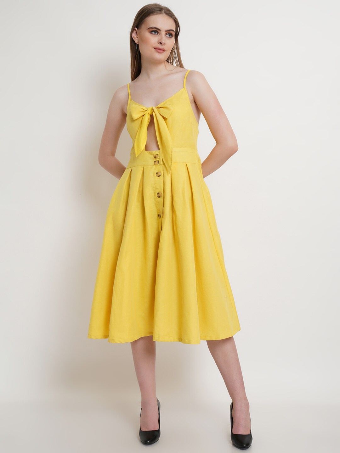 

Purple State Yellow Linen Fit & Flare Midi Dress