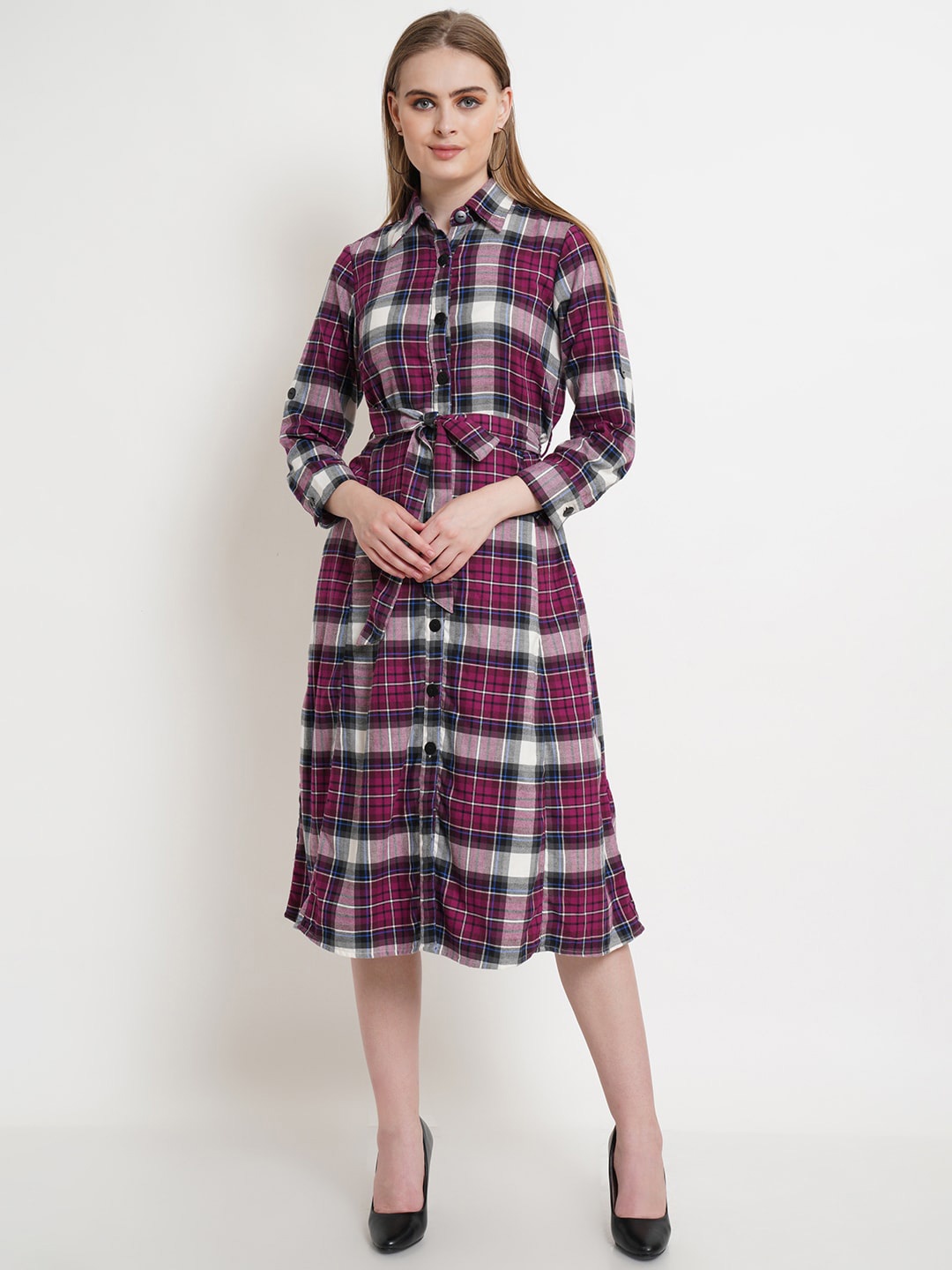 

Purple State Purple & White Checked Cotton Shirt Midi Dress
