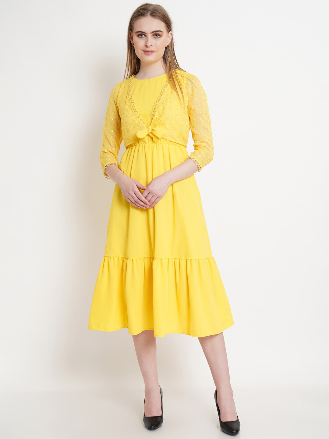 

Purple State Yellow Embroidered Fit & Flare Midi Dress