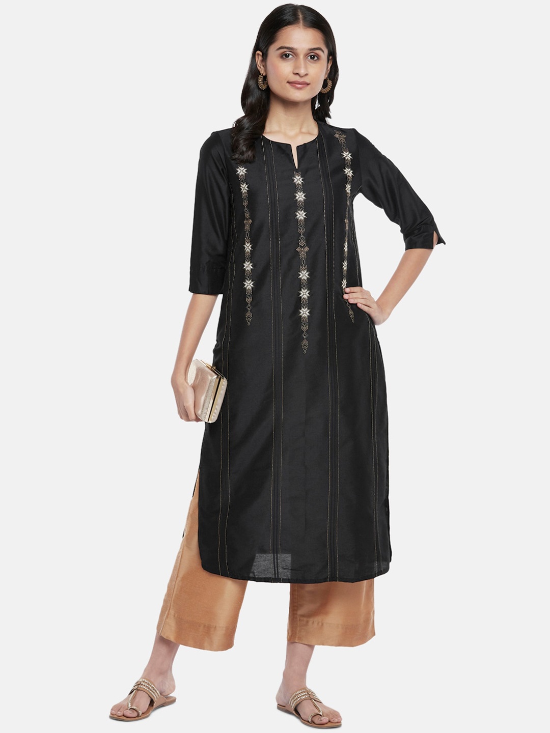 

RANGMANCH BY PANTALOONS Women Black Striped Thread Work Straight Kurta