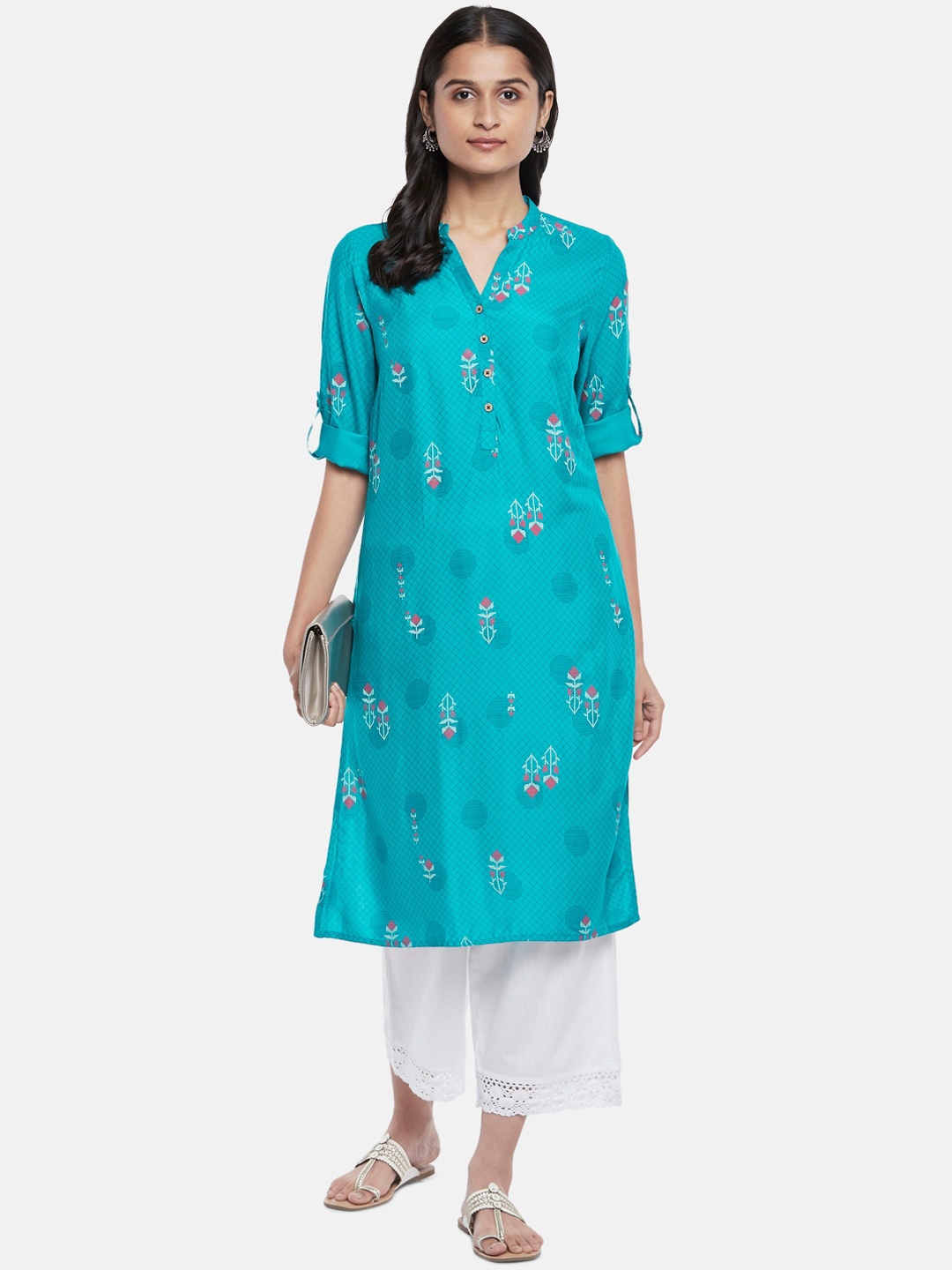 

RANGMANCH BY PANTALOONS Women Turquoise Blue Ethnic Motifs Printed Straight Kurta