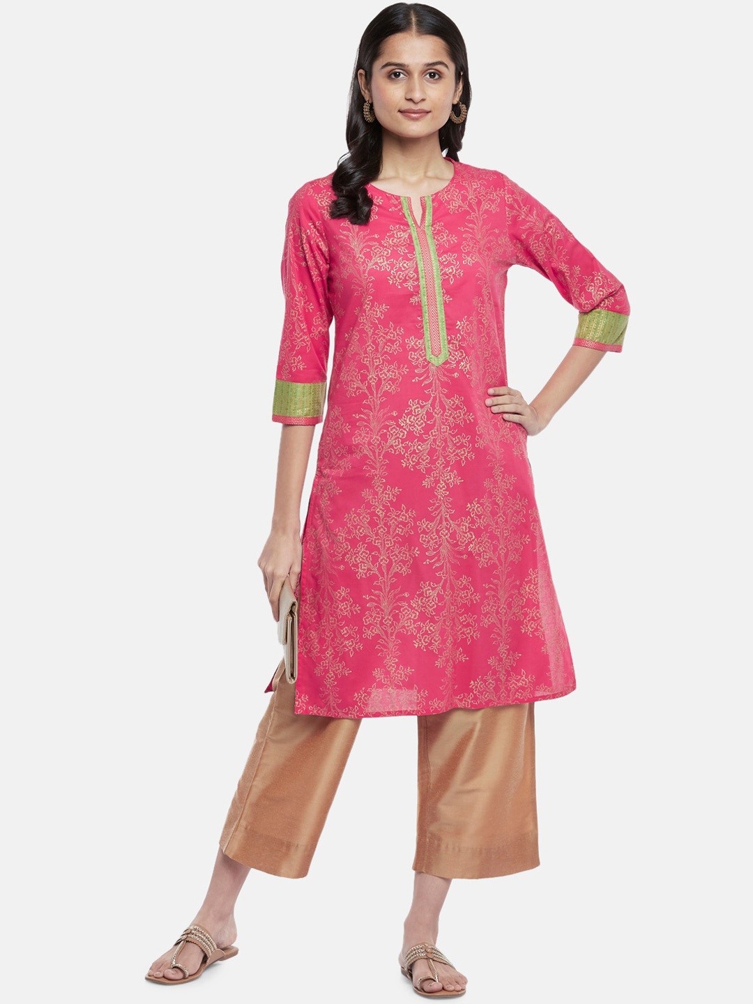 

RANGMANCH BY PANTALOONS Women Fuchsia & Golden Ethnic Motifs Printed Cotton A-line Kurta