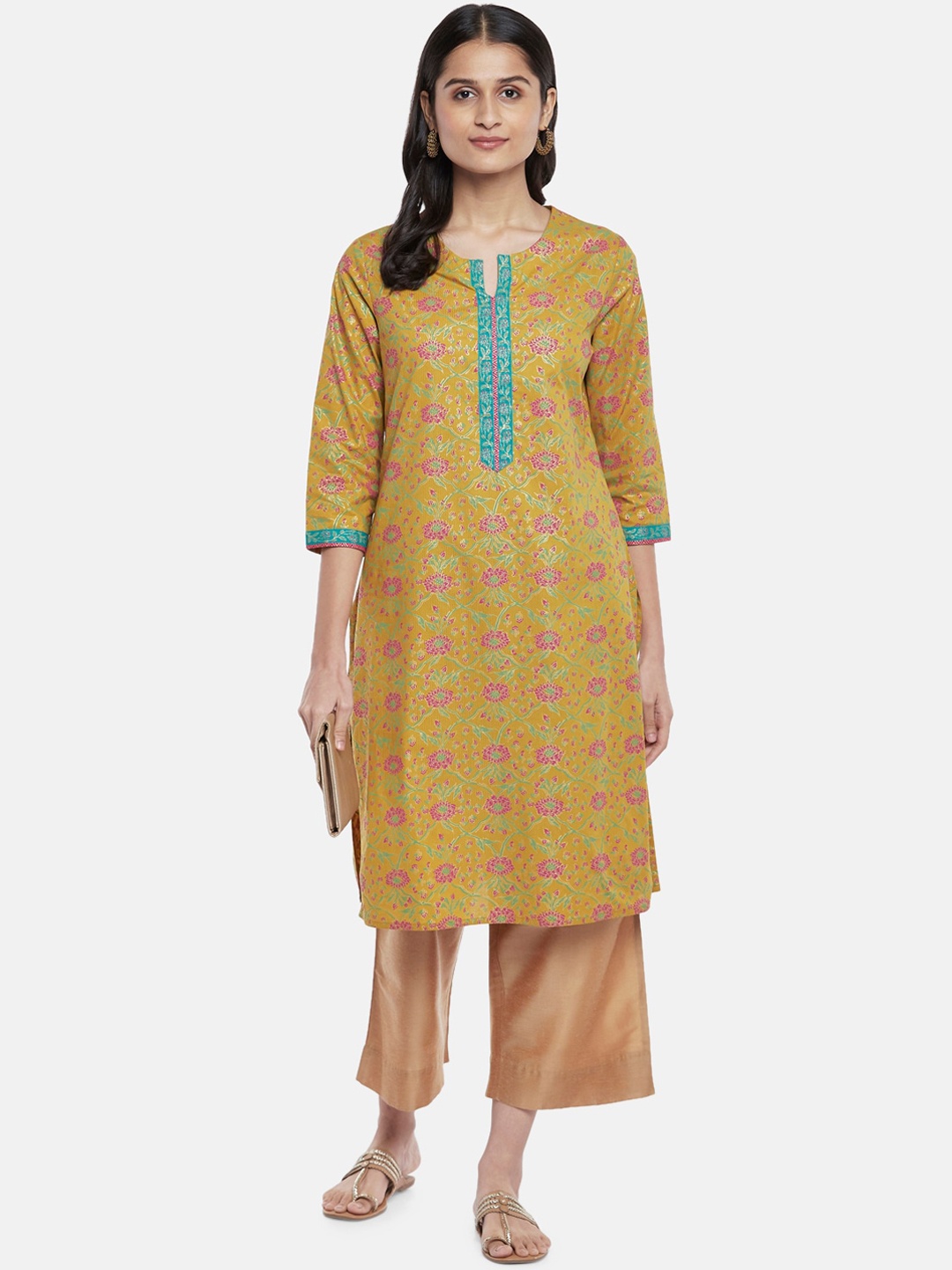 

RANGMANCH BY PANTALOONS Women Mustard Yellow & Pink Floral Printed Cotton Straight Kurta