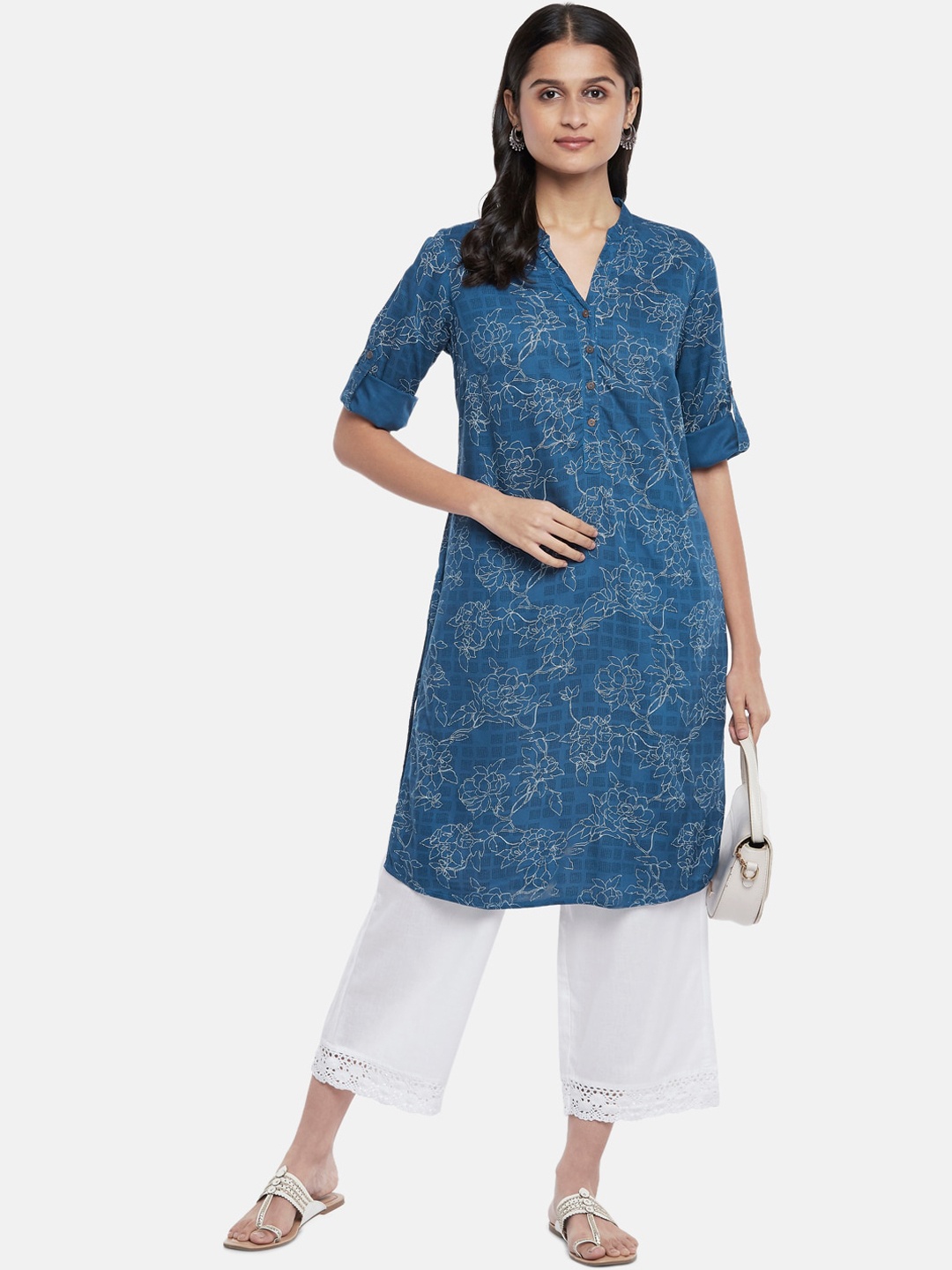 

RANGMANCH BY PANTALOONS Women Blue Floral Printed Straight Kurta