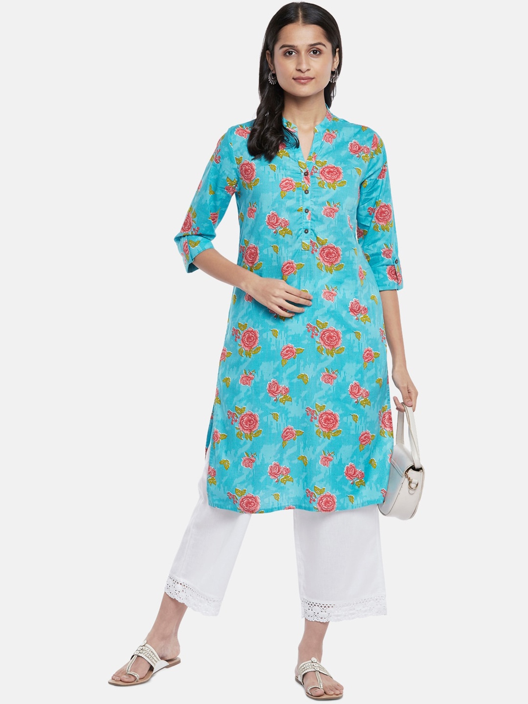 

RANGMANCH BY PANTALOONS Women Blue & Pink Floral Printed Cotton Straight Kurta