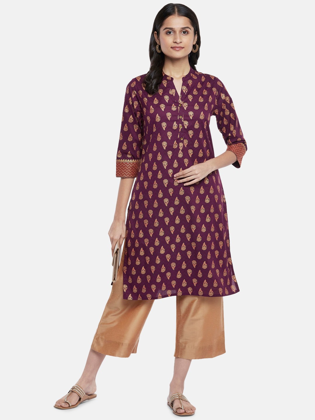 

RANGMANCH BY PANTALOONS Ethnic Motifs Printed Cotton Straight Kurta, Burgundy