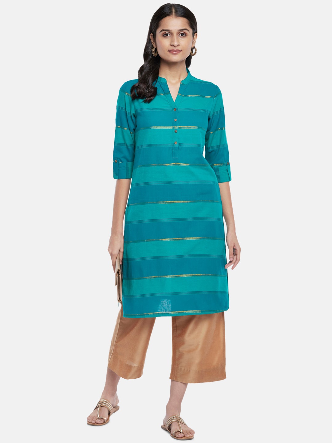 

RANGMANCH BY PANTALOONS Women Teal Blue & Sea Green Striped Cotton Straight Kurta