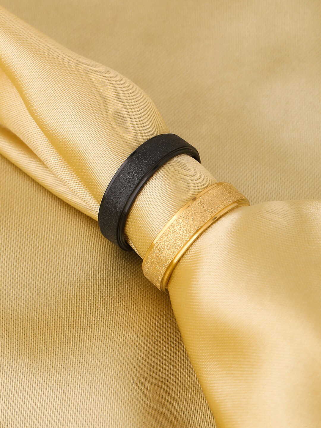 

Yellow Chimes Men Set Of 2 Gold-Toned & Black Stainless Steel Western Style Titanium Collection Stardust Finger Rings
