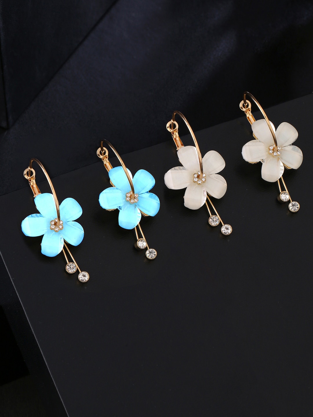 

Yellow Chimes Set of 2 White & Blue Floral Hoop Earrings