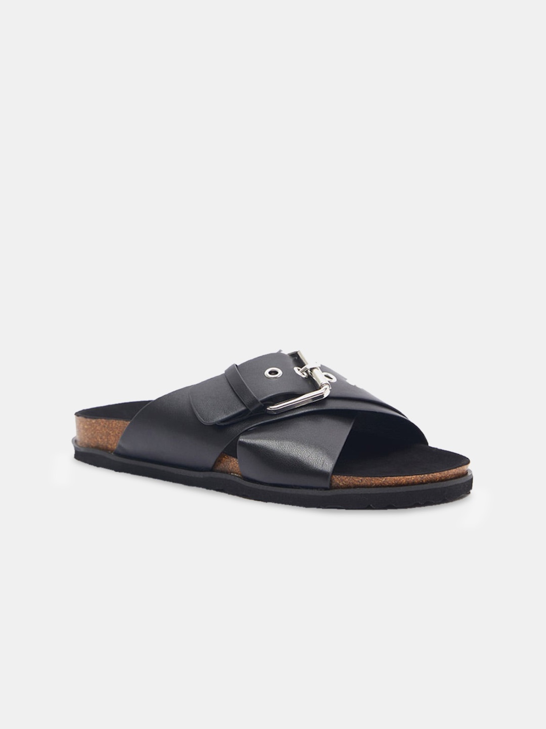 

shoexpress Women Black Open Toe Flats with Buckles
