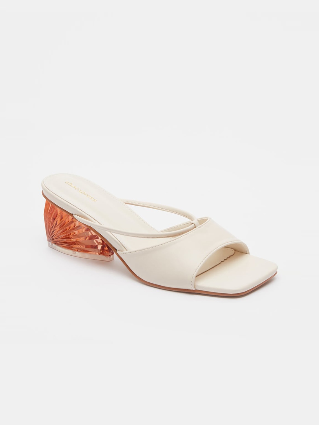 

shoexpress White PU Block Peep Toes with Buckles