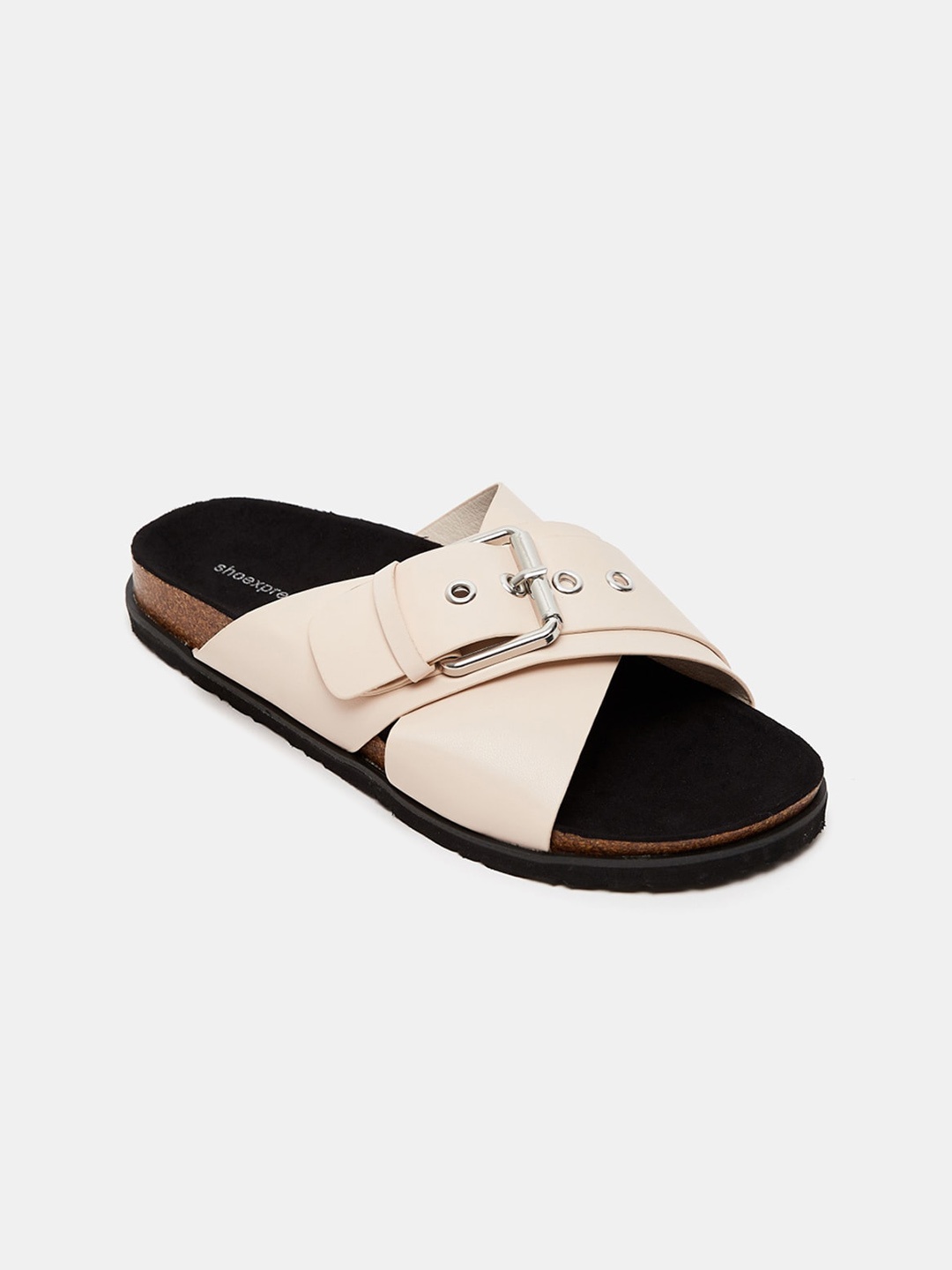 

shoexpress Women Beige Striped Open Toe Flats with Buckles