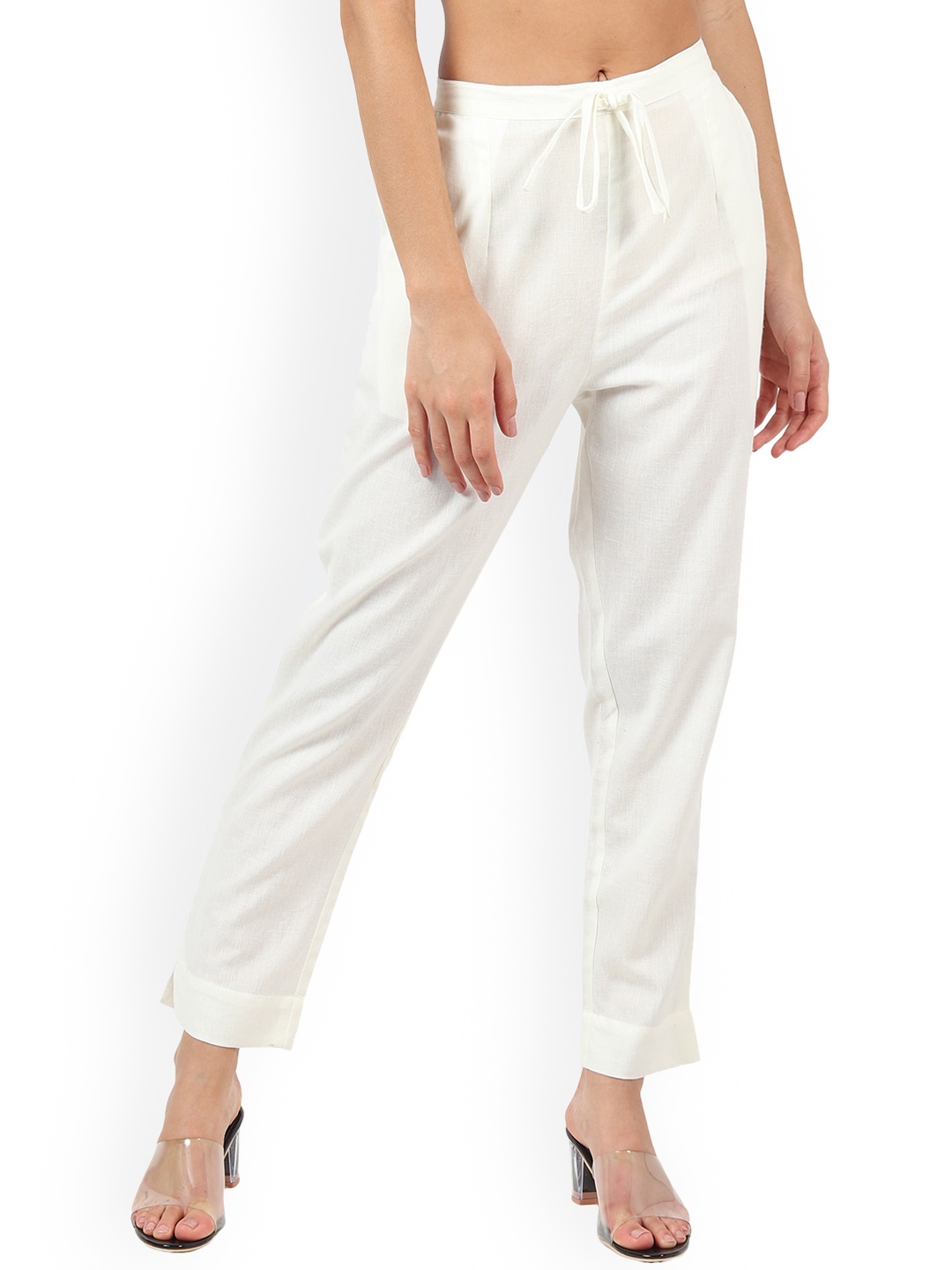 

MUFFLY Women White Pleated Cotton Flex Trousers