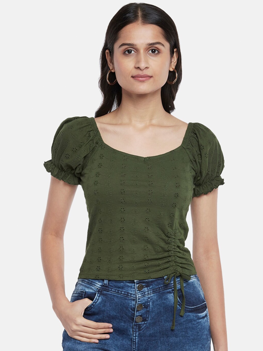 

People Women Olive Green Self Design Sweetheart Neck Pure Cotton Regular Top