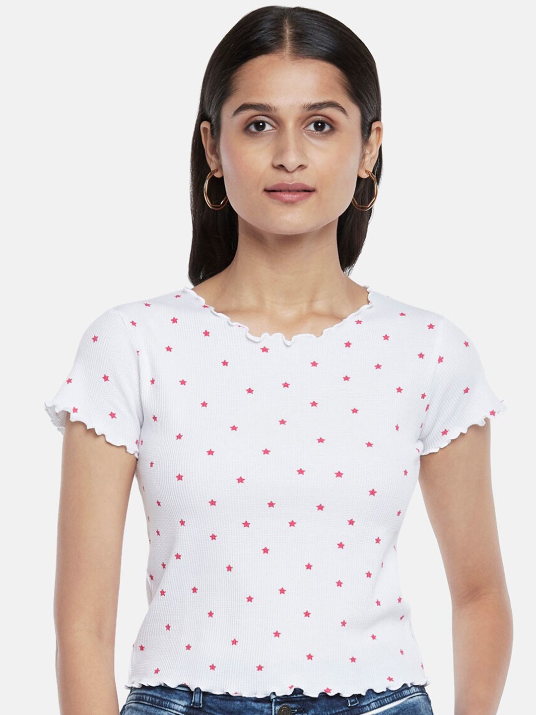 

People Women White & Pink Printed Cotton T-shirt