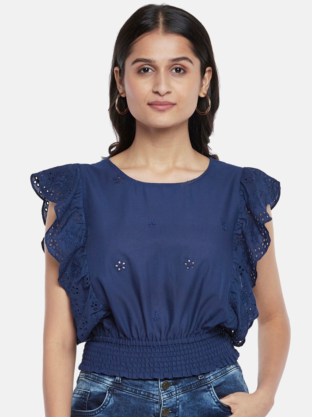 

People Navy Blue Solid Pure Cotton Blouson Top