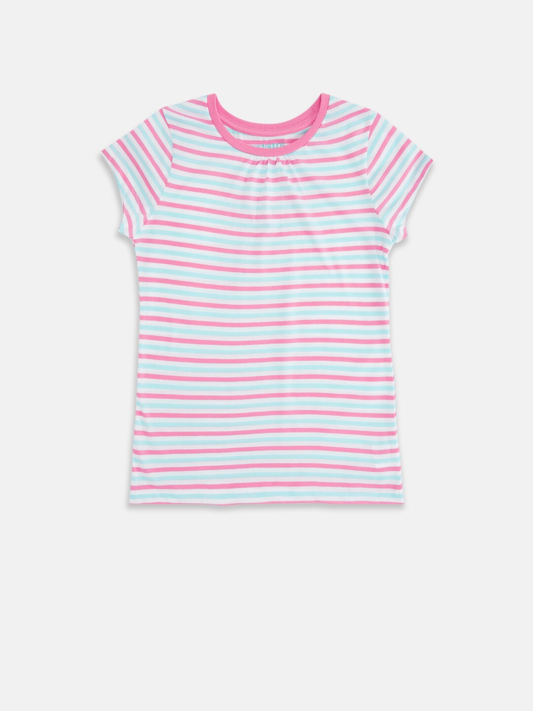 

Pantaloons Junior Girls Blue & Pink Striped Cotton T-shirt