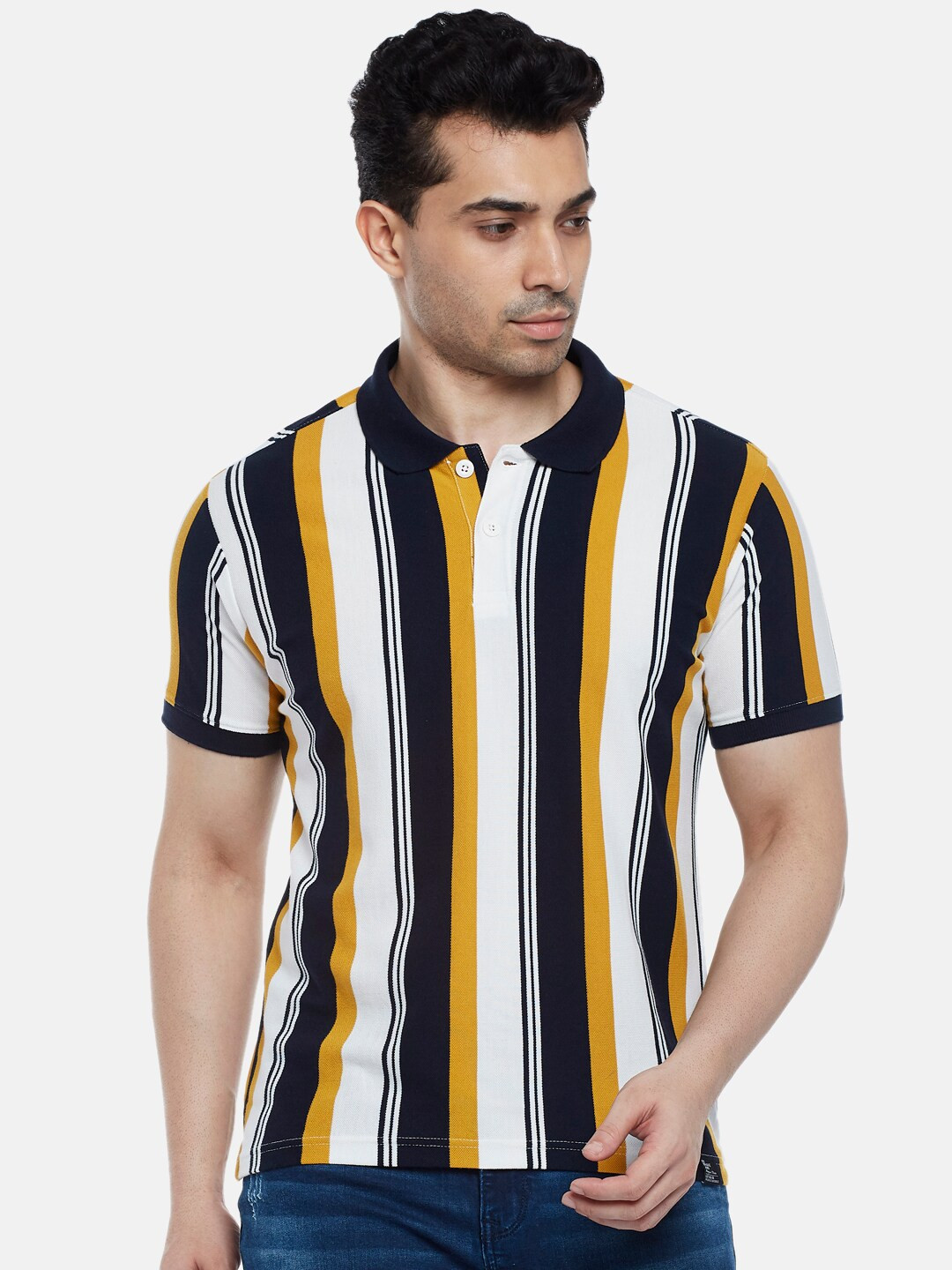 

People Men Navy Blue & White Striped Polo Collar Cotton T-shirt