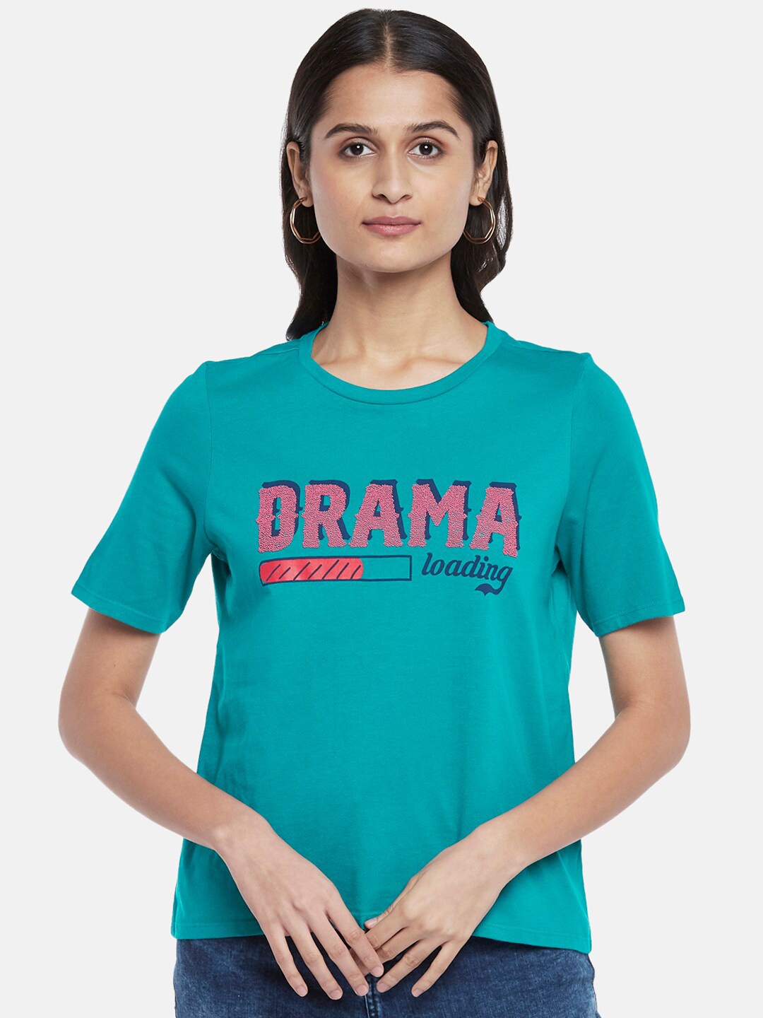 

People Women Blue Typography Printed Cotton T-shirt