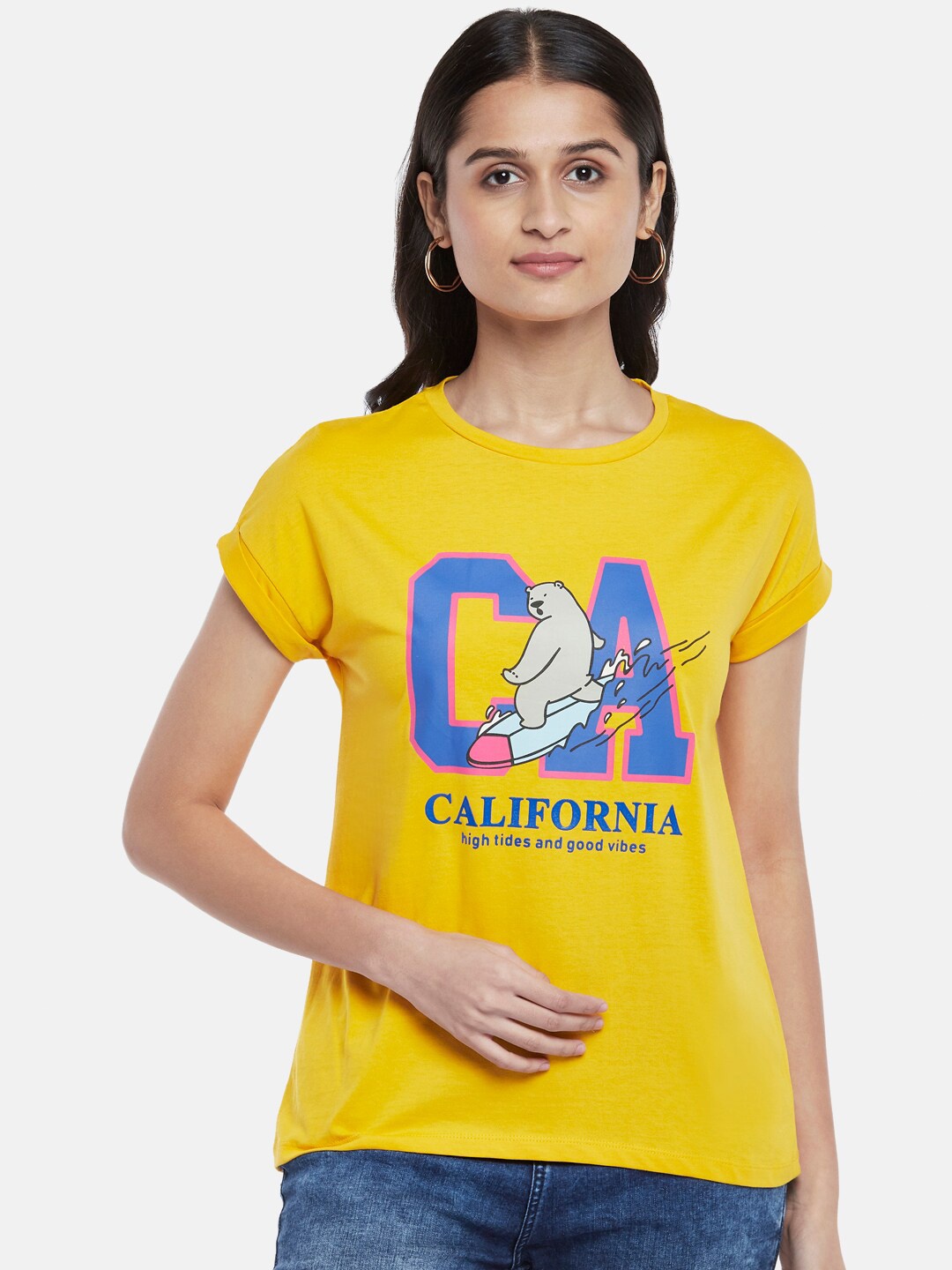 

People Women Mustard Yellow Typography Printed Extended Sleeves Cotton T-shirt