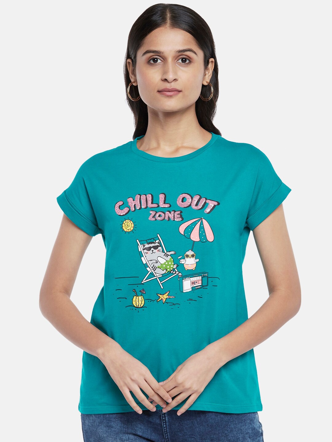 

People Women Blue Printed Extended Sleeves T-shirt