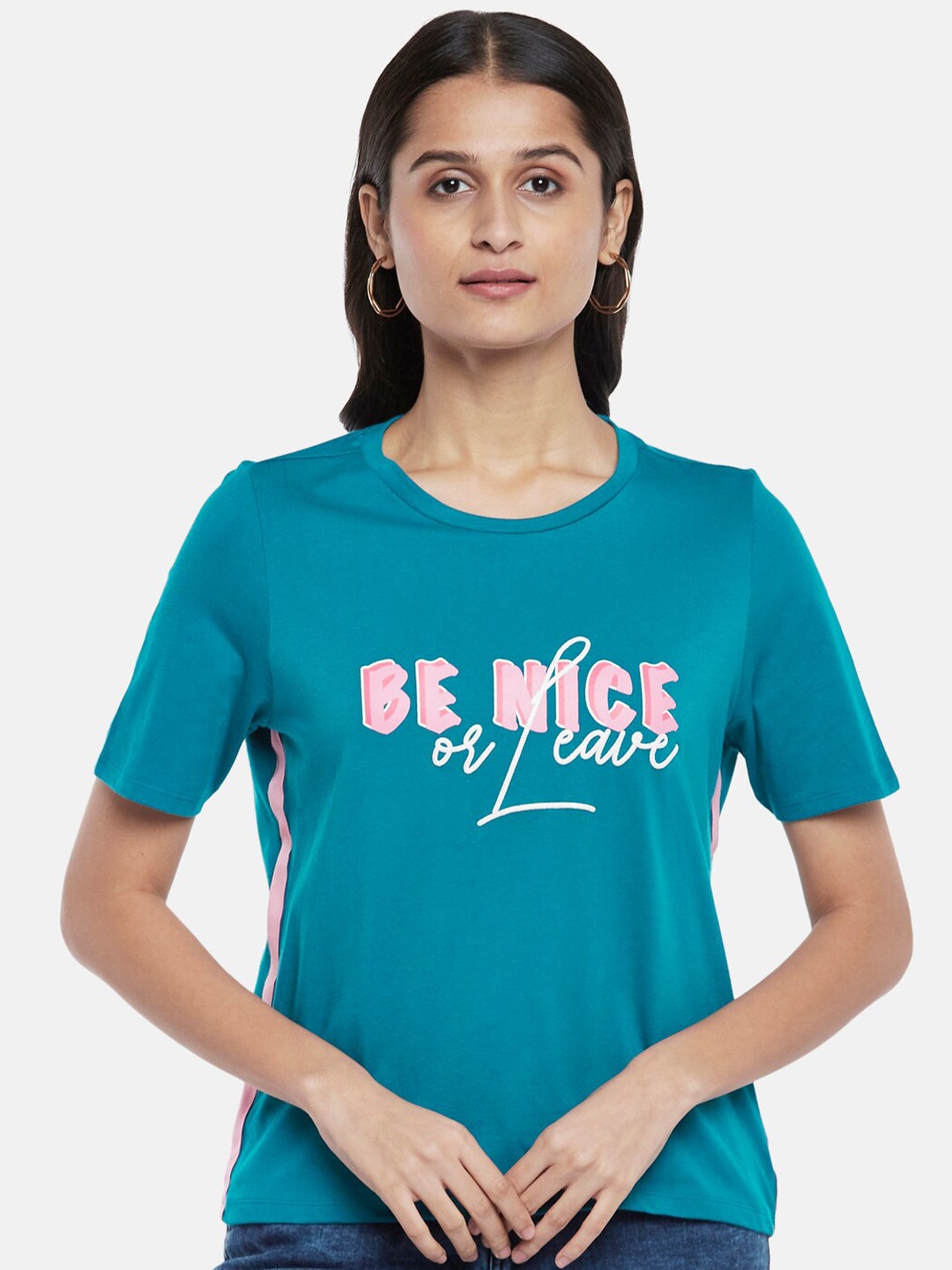 People Women Blue Typography Printed Cotton T-shirt