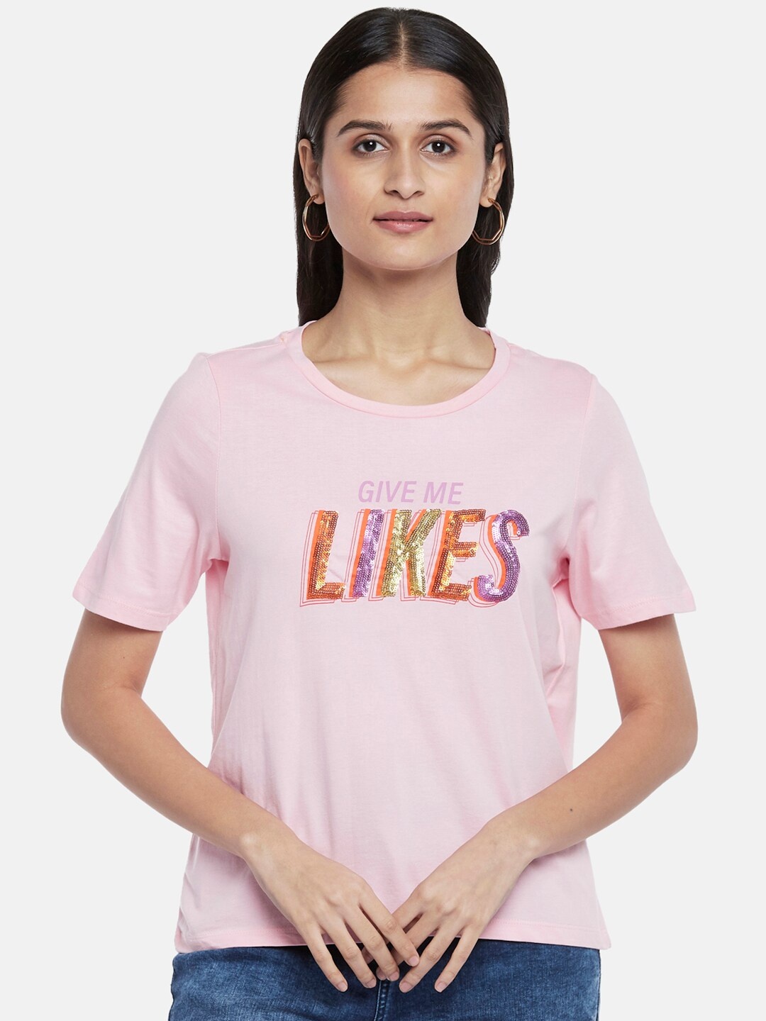 People Women Pink Typography Printed Cotton T-shirt