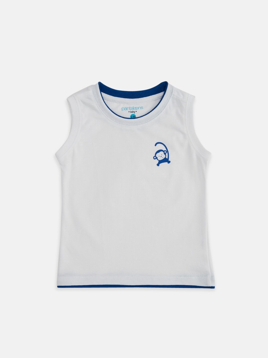 

Pantaloons Baby Boys White & Blue Sleeveless Cotton T-shirt