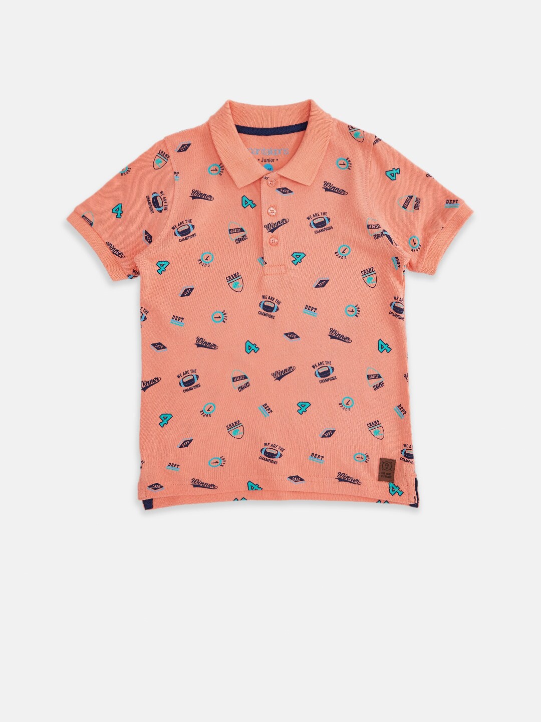 

Pantaloons Junior Boys Peach-Coloured & Blue Printed Polo Collar Pure Cotton T-shirt