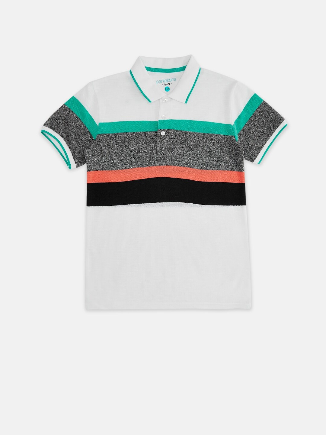 

Pantaloons Junior Boys White & Grey Striped Polo Collar Pure Cotton T-shirt
