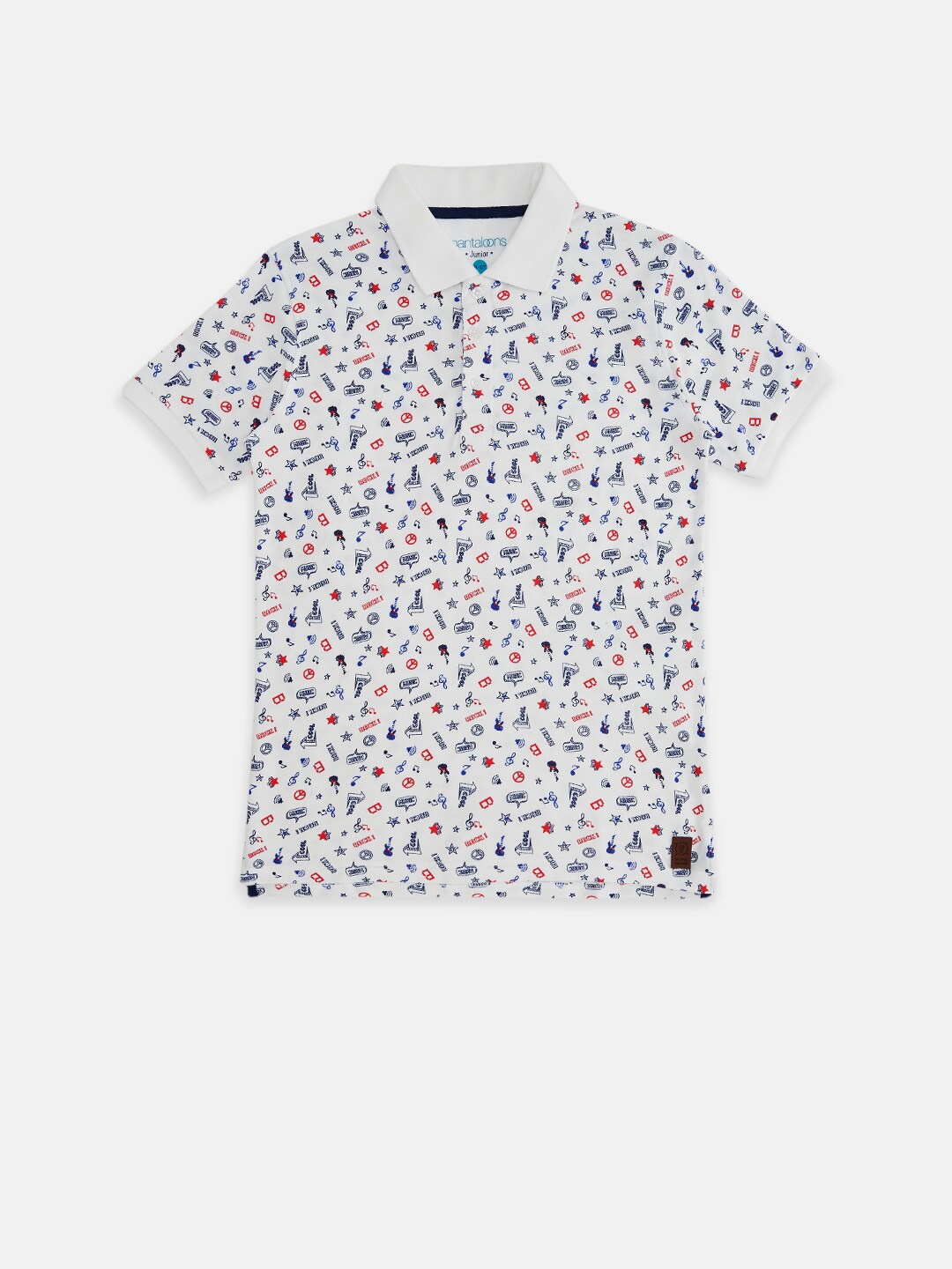 

Pantaloons Junior Boys White & Blue Printed Polo Collar Pure Cotton T-shirt