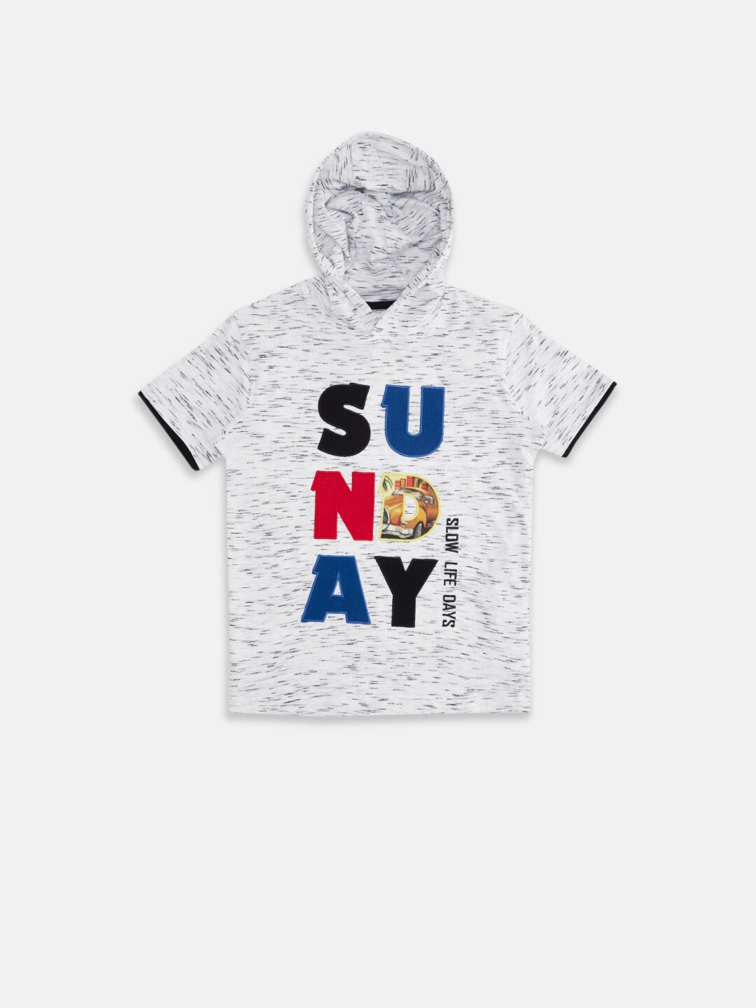 

Pantaloons Junior Boys White & Blue Typography Printed Hooded Pure Cotton T-shirt
