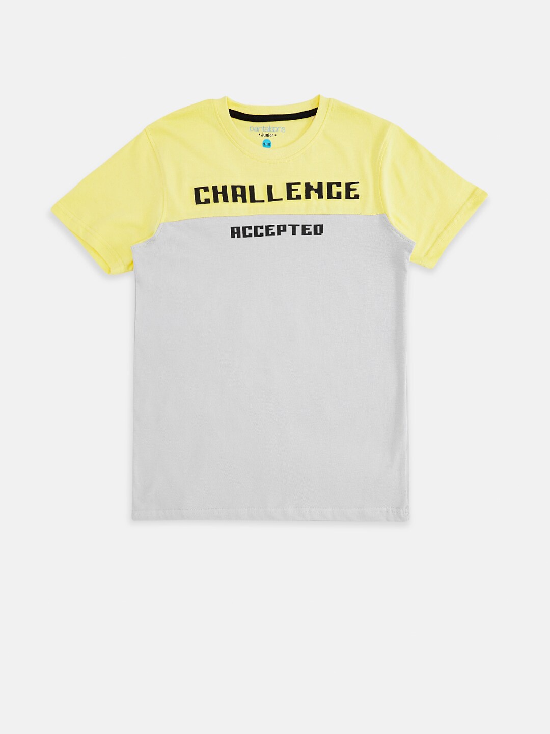 

Pantaloons Junior Boys Yellow & Grey Typography Printed Pure Cotton T-shirt
