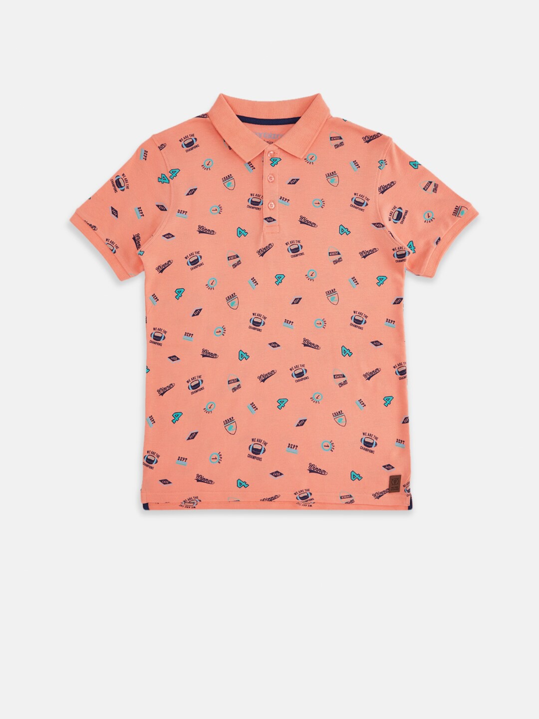 

Pantaloons Junior Boys Peach-Coloured Printed Polo Collar Tropical Pure Cotton T-shirt
