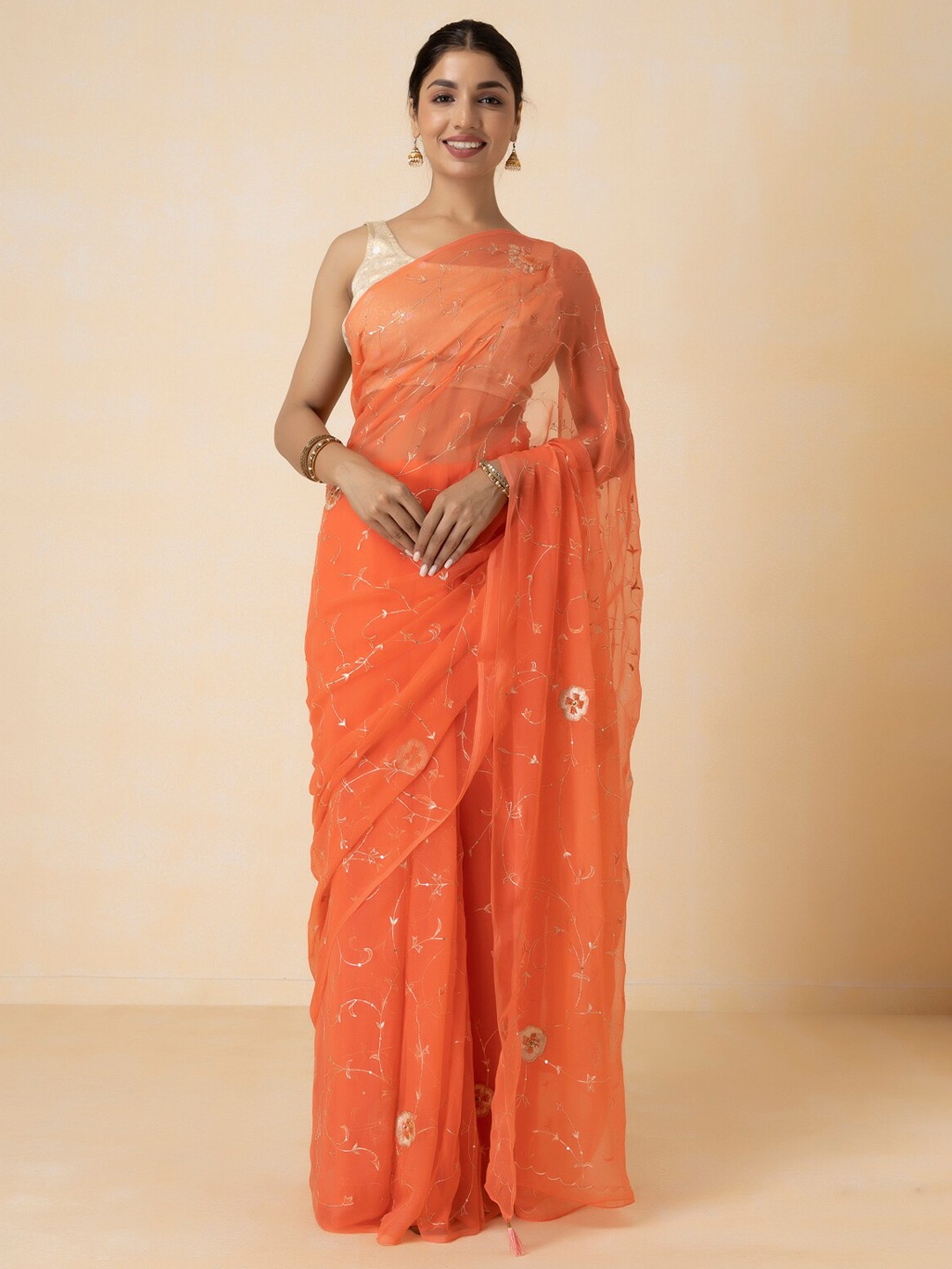

Geroo Jaipur Orange Hand Embroidered Aari Sequins Chiffon Saree