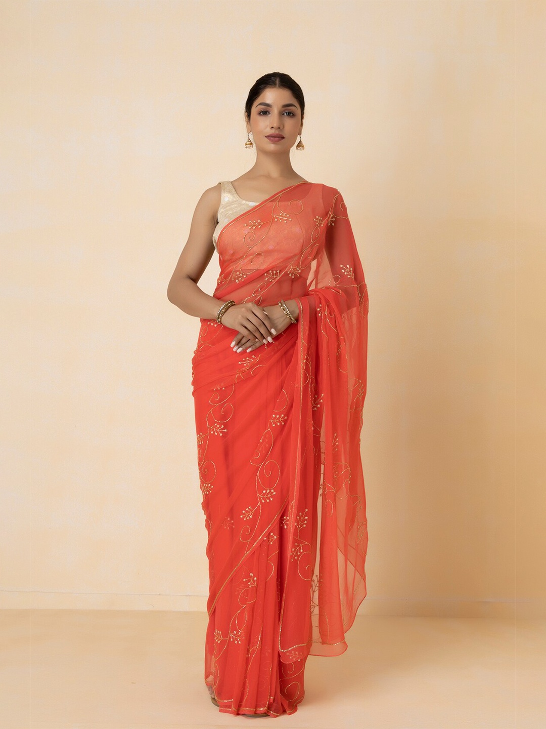 

Geroo Jaipur Hand Embroidered Chiffon Saree, Peach