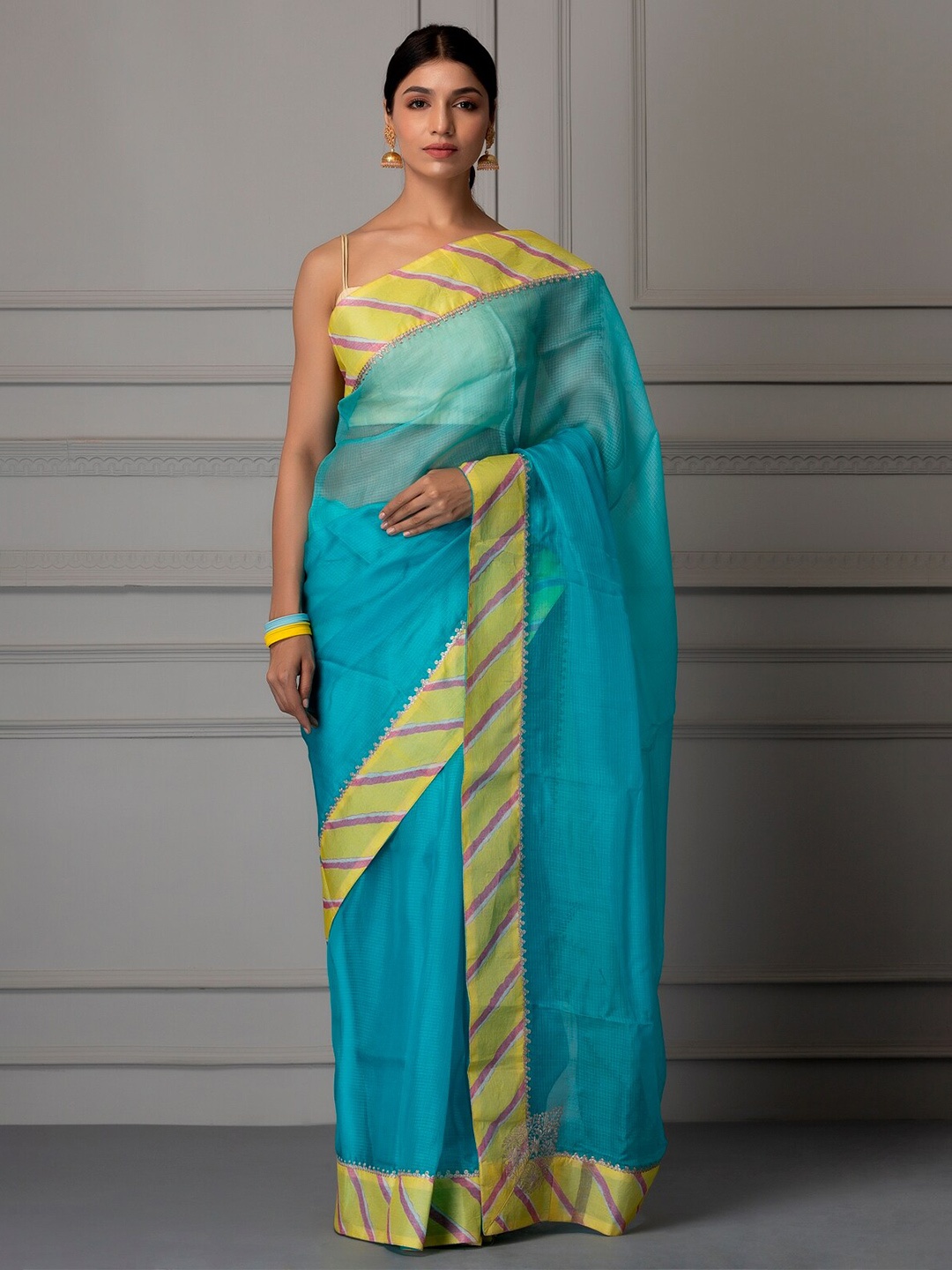 

Geroo Jaipur Blue & Yellow Aari Work Pure Silk Kota Saree