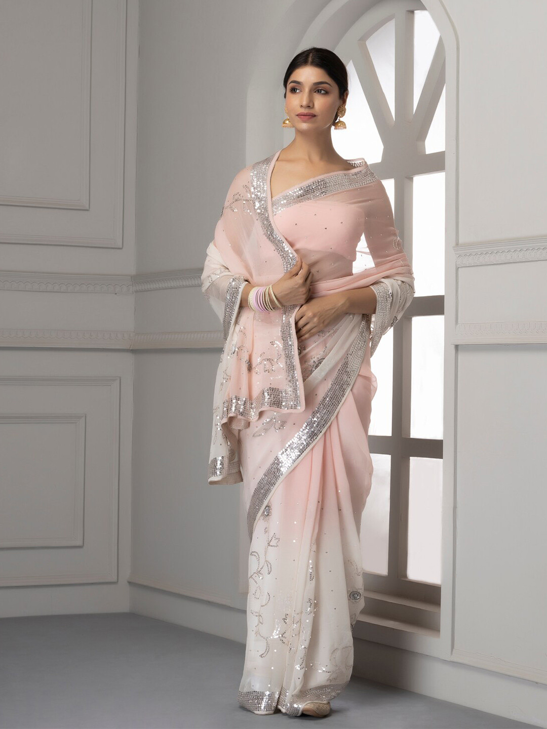 

Geroo Jaipur Pink Hand Crafted Sequins Work Georgette Saree