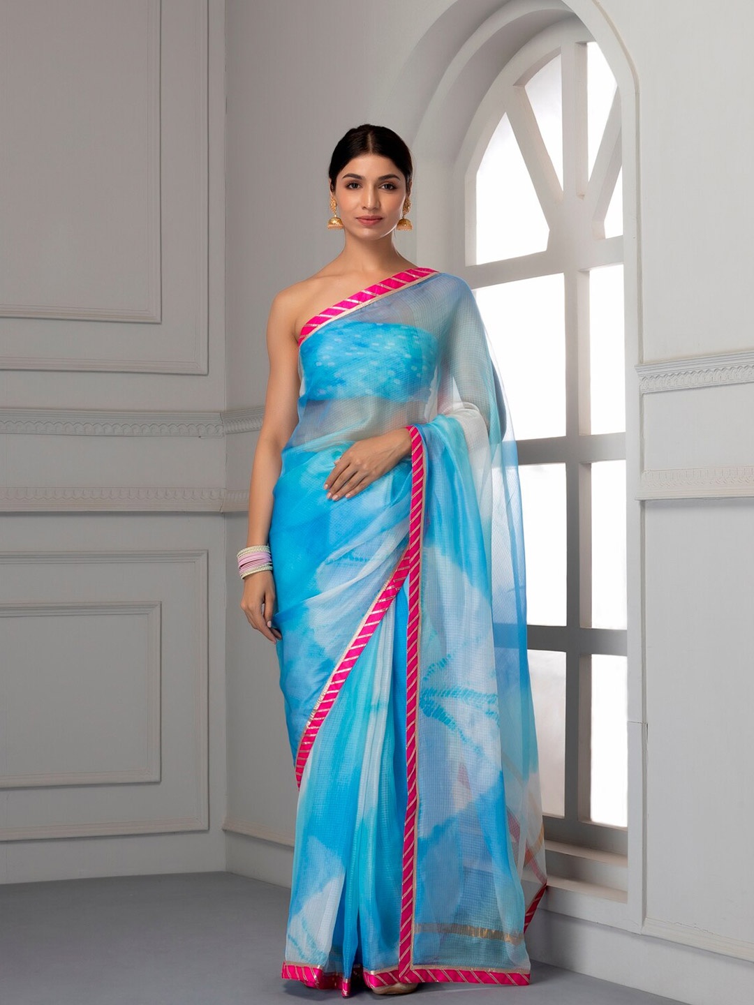 

Geroo Jaipur Blue & Pink Bandhani Gotta Patti Pure Silk Bandhani Saree