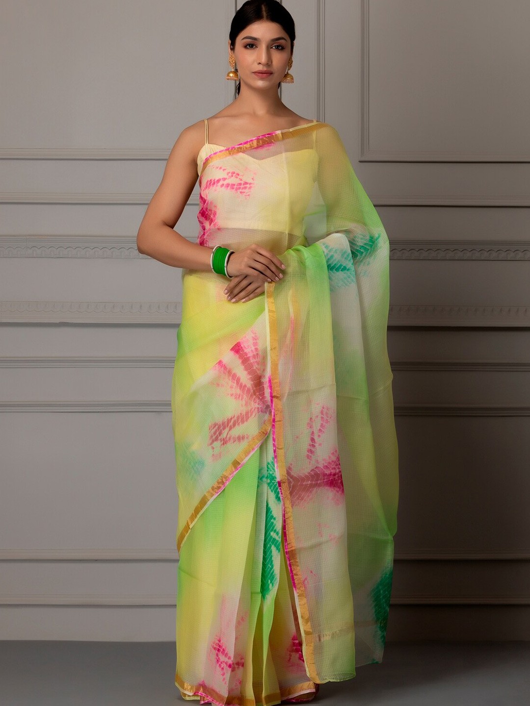 

Geroo Jaipur Lime Green & Pink Tie and Dye Pure Silk Kota Saree