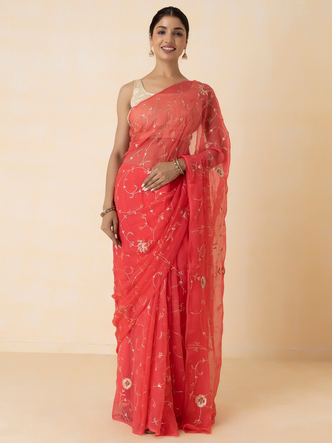 

Geroo Jaipur Hand Embroidered Aari Sequins Chiffon Saree, Pink