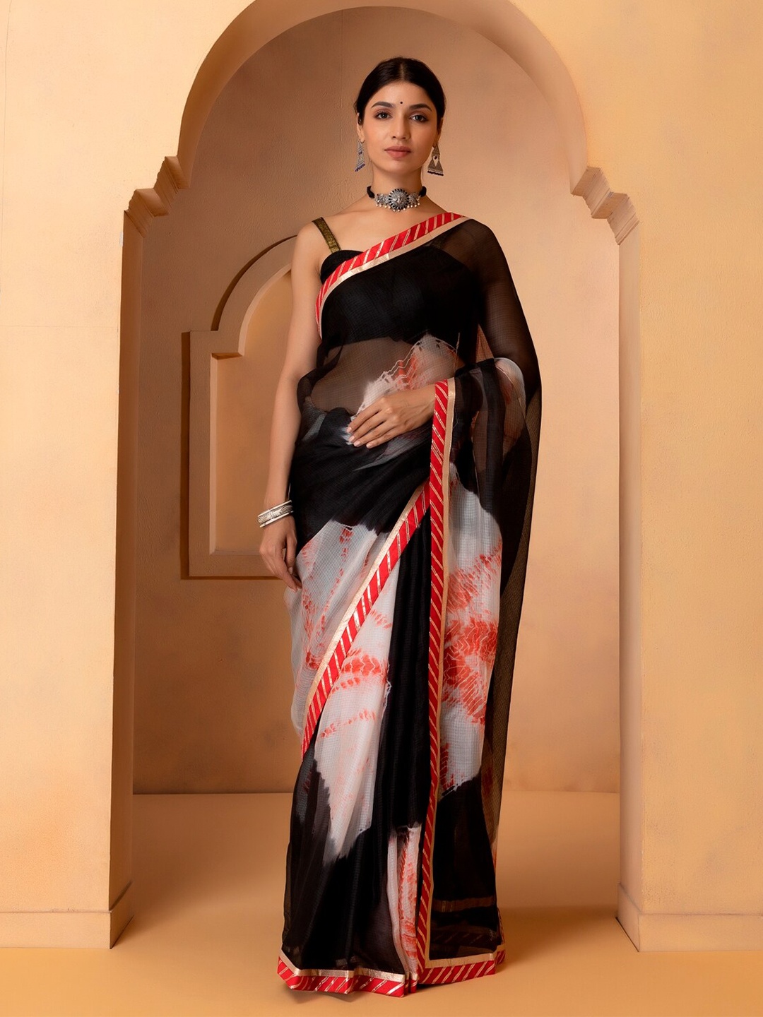 

Geroo Jaipur Handcrafted Bandhani Pure Kota Silk Saree, Black