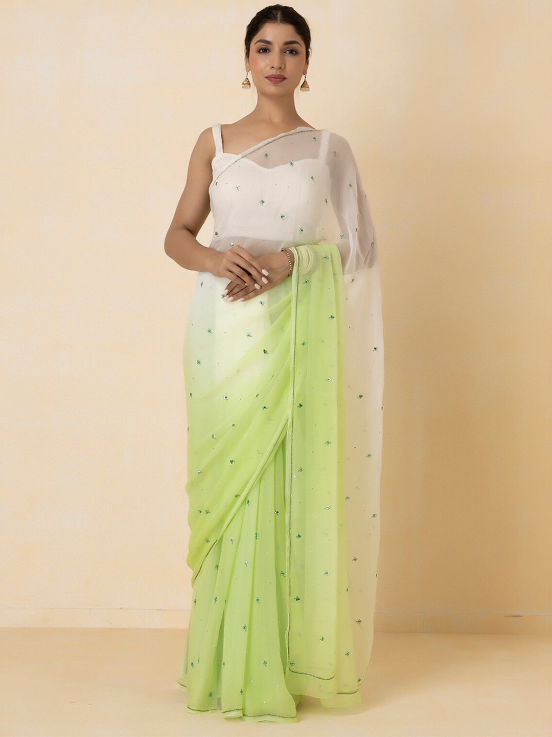 

Geroo Jaipur Green Ethnic Motifs Sequinned Pure Chiffon Saree