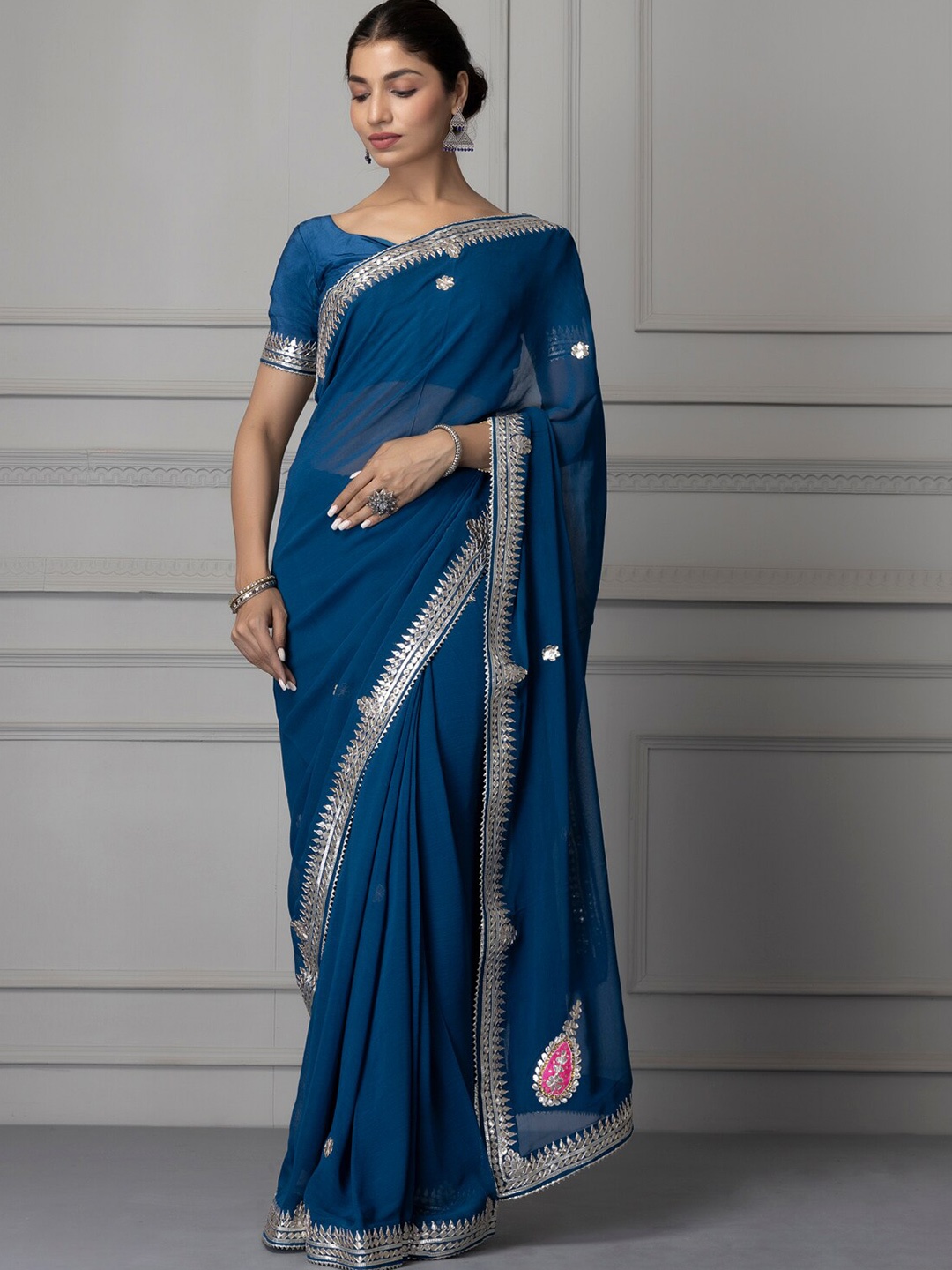 

Geroo Jaipur Blue Handcrafted Gota Patti Georgette Saree