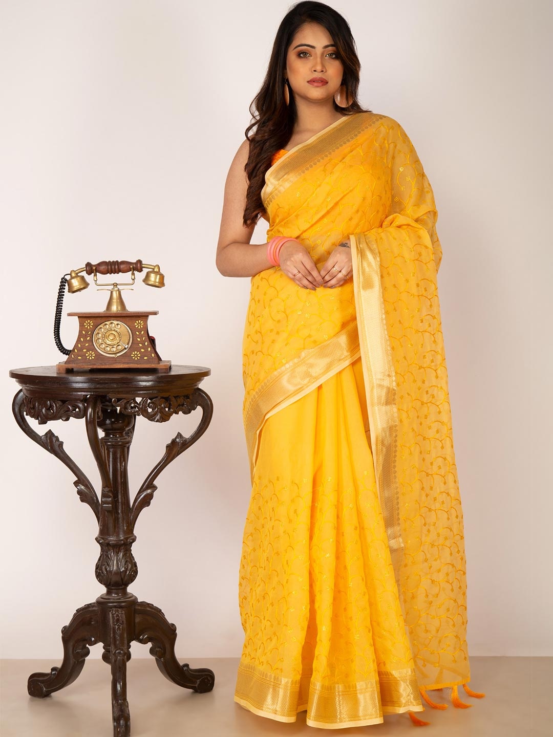 

Unnati Silks Yellow Woven Design Silk Cotton Chanderi Saree