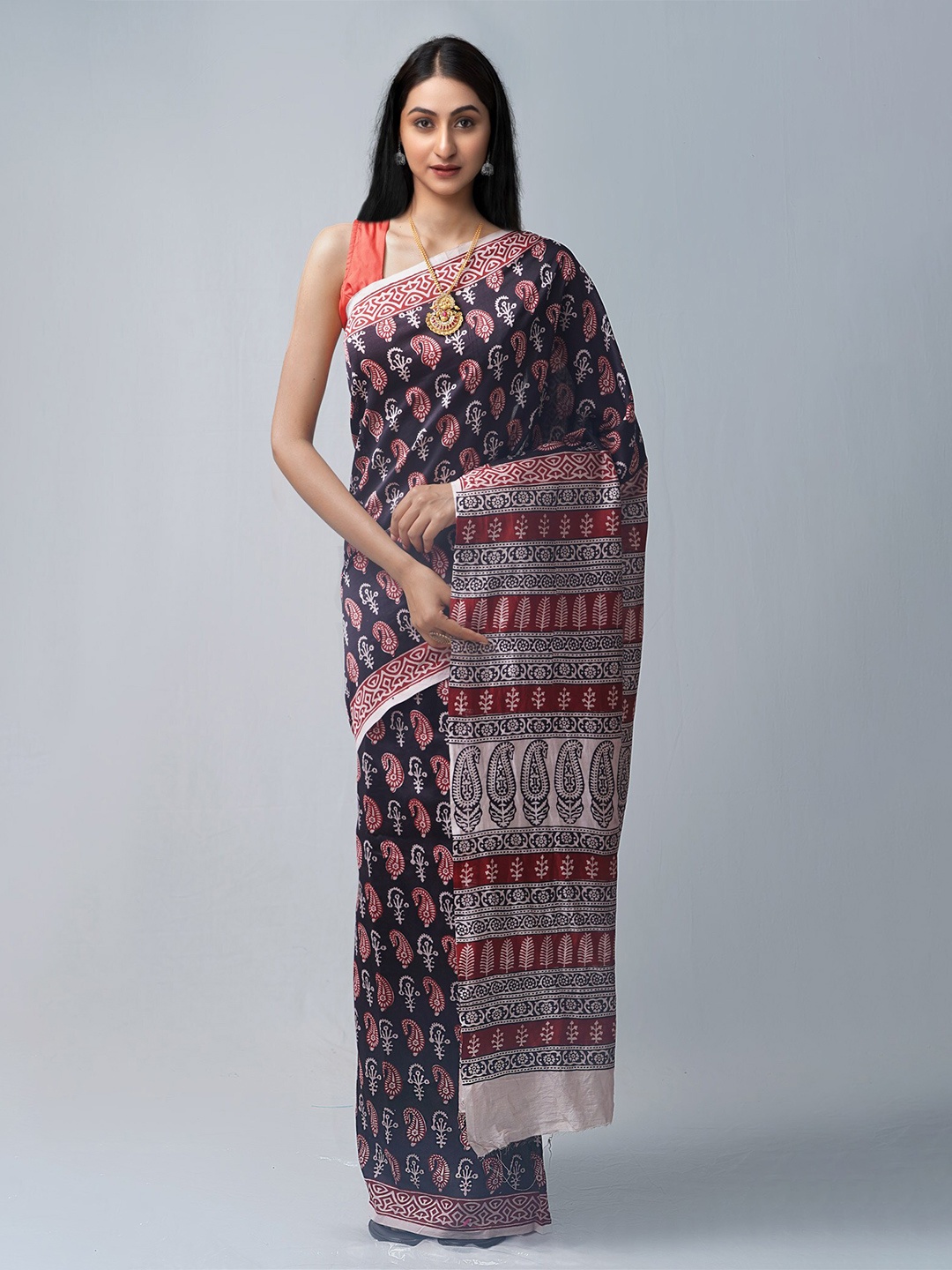 

Unnati Silks Black & Red Bagh Pure Silk Chanderi Saree