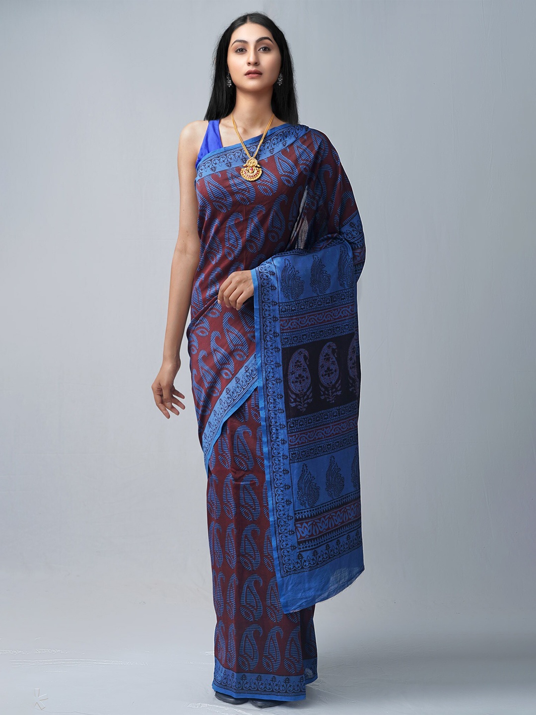 

Unnati Silks Maroon & Blue Bagh Pure Silk Chanderi Saree
