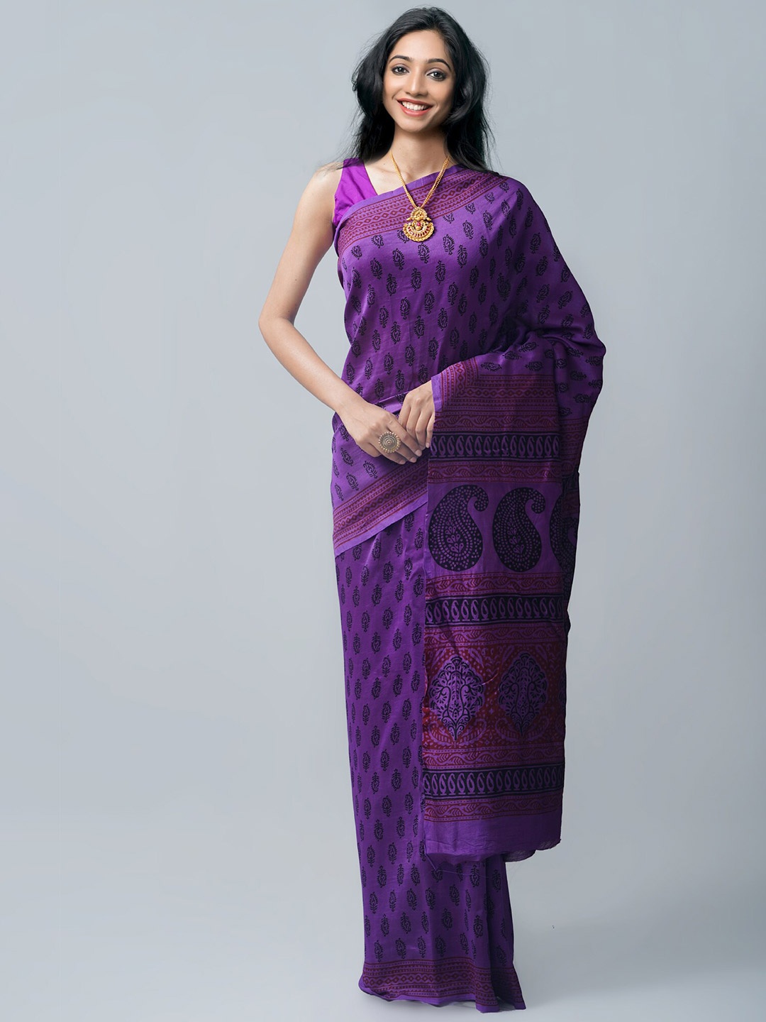 

Unnati Silks Violet & Black Bagh Pure Silk Chanderi Saree