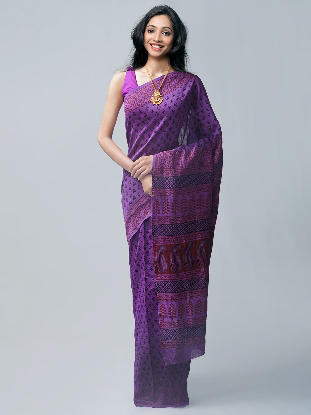 

Unnati Silks Violet & Black Bagh Pure Silk Chanderi Saree